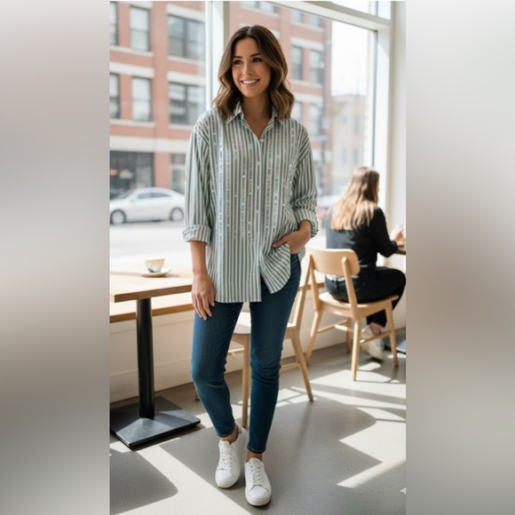 LIZWEAR Vintage 1990s | Deadstock Sequin & Striped Button-Down Blouse size large - Picture 4 of 9